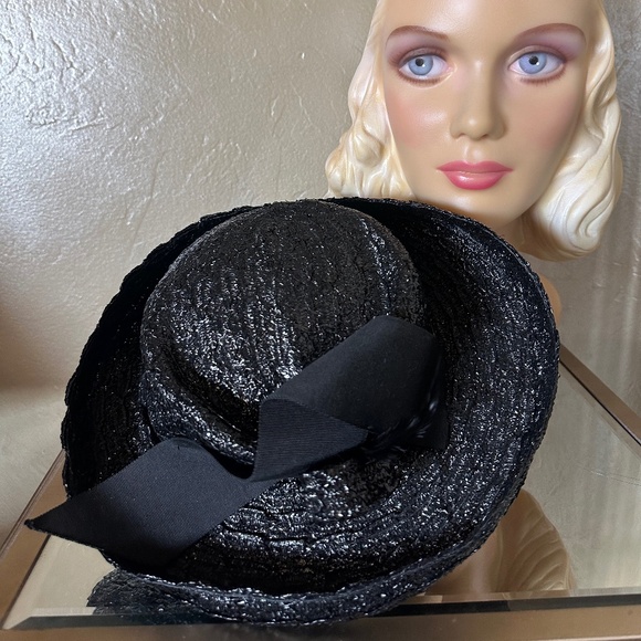 WINSOME 1940\'s STRAW WIDE BRIM FEDORA WITH GROSGRAIN BOW & STRAW BALLS main image 13